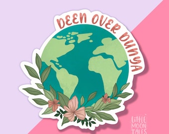 Deen Over Dunya Floral Earth Sticker, Islamic Muslim Vinyl Decal