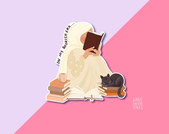 Bookish Girl Vinyl Sticker | Hijabi, Black Cat, Book Lover (3.5"x3.5")