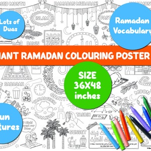 K&ouml;nnte beinhalten: Ein Schwarz-Wei&szlig;-Malbuchposter mit Illustrationen des Ramadan-Wortschatzes, darunter Gebet, Fasten und Wohlt&auml;tigkeit. Das Poster ist 91,44 cm x 121,92 cm gro&szlig; und tr&auml;gt den Titel "Riesiges Ramadan-Malbuchposter".