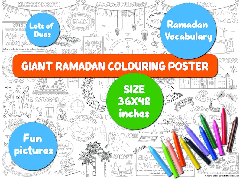 K&ouml;nnte beinhalten: Ein Schwarz-Wei&szlig;-Malbuchposter mit Illustrationen des Ramadan-Wortschatzes, darunter Gebet, Fasten und Wohlt&auml;tigkeit. Das Poster ist 91,44 cm x 121,92 cm gro&szlig; und tr&auml;gt den Titel "Riesiges Ramadan-Malbuchposter".