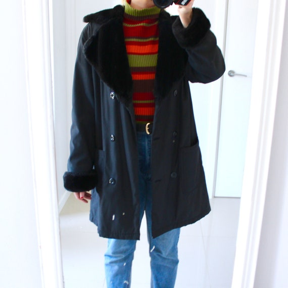1980s vintage black faux fur collar oversized coat