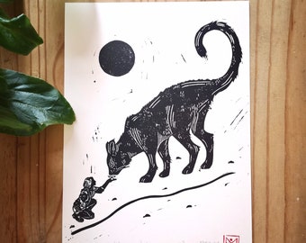 Linogravure - « UNE ANIMAL de COMPAGNIE » Inktober 2021 .illustration, affiche, gravure