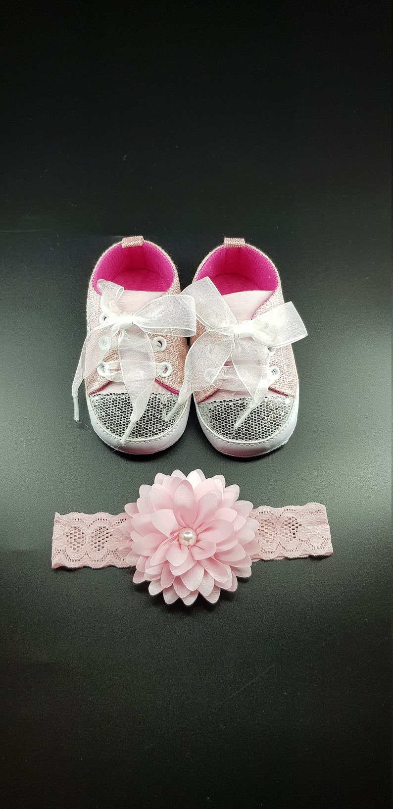 PinkSliver Glitter Trainers with Organza Laces and Pearl Flower Headband Set