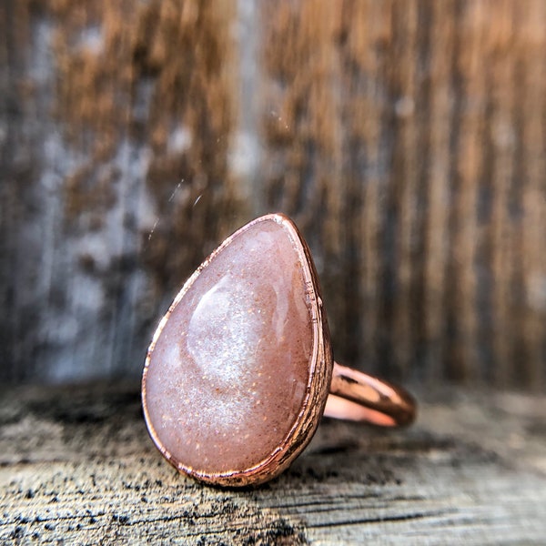 Peach Moonstone Custom Ring, Moonstone Shimmer Ring, Copper Electroform, Solid Silver, Gold, Rose Gold