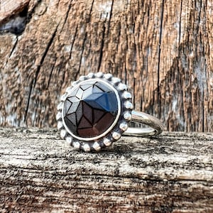 Carved Round Black Spinel Ring, Sterling Silver
