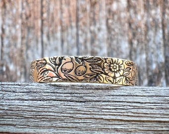 Gold or Sterling Silver Floral Spring Patterned Band