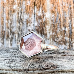 Custom Oregon Sunstone Hexagon Ring, 8mm Schiller Sunstone Jewelry, Silver, Gold, Rose Gold