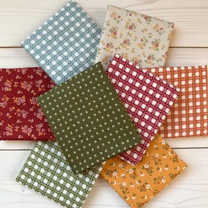 May include: A collection of eight folded fabric squares arranged in a circular pattern. The fabrics feature various patterns including blue, red, orange, and green gingham checks, as well as floral prints in cream, red, and yellow tones.