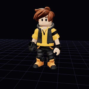 May include: A 3D rendered figure of a person wearing a yellow and black jacket, black pants, and orange boots. The figure has brown hair and a neutral expression. The background is a grid pattern.