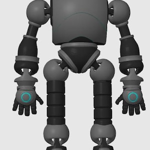 May include: A humanoid robot figure featuring a gray torso, head, and limbs with black joints and accents. The robot has circular cyan eyes with vertical lines extending downward and matching cyan circular details on the palms of its hands.