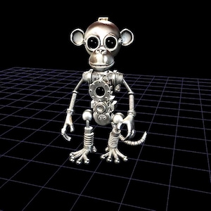 May include: A silver-colored, steampunk-style monkey sculpture. The monkey has large, round eyes, mechanical limbs, and a tail. The sculpture is set against a black background with a grid pattern.
