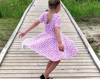 Twirly Dress for Valentines, Summer/Spring Cotton Dress for Girls,  Short Sleeves, Low Back, Back to School