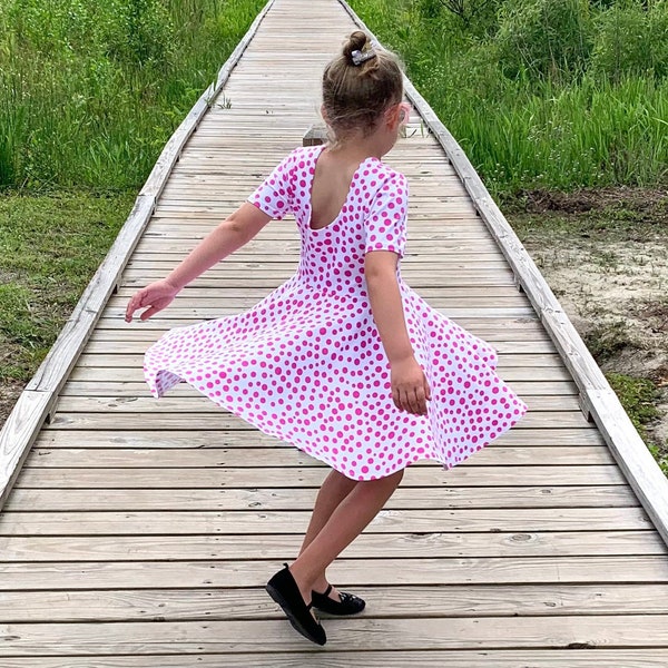 Twirly Dress for Valentines, Summer/Spring Cotton Dress for Girls,  Short Sleeves, Low Back, Back to School