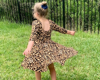 Girls Fall Dress, Short, 3/4, Long Sleeve Twirl Dress, Animal Print Twirl Dress, Back to School Dress Winter Dress