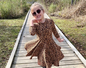 Girls' Cheetah twirl Dress: Soft & Stretchy Material, Baby-12 years old