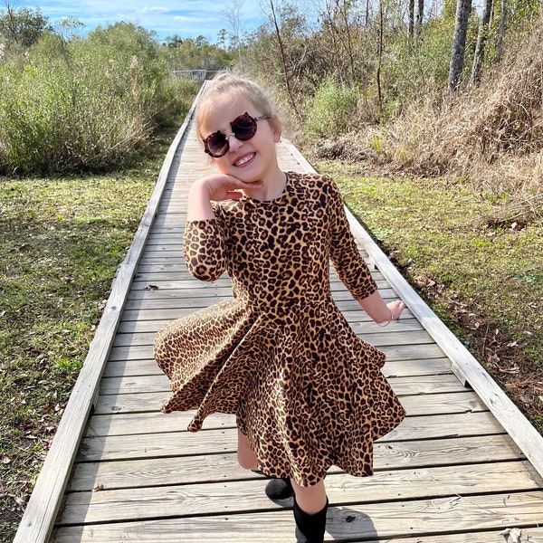 Twirl Dress for Girls in Animal print, Cheetah print, short sleeves, 3/4 sleeves, long sleeves, summer dress, spring dress, full circle