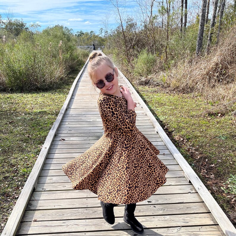 Twirl Dress for Girls in Animal print, Cheetah print, short sleeves, 3/4 sleeves, long sleeves, summer dress, spring dress, full circle image 2