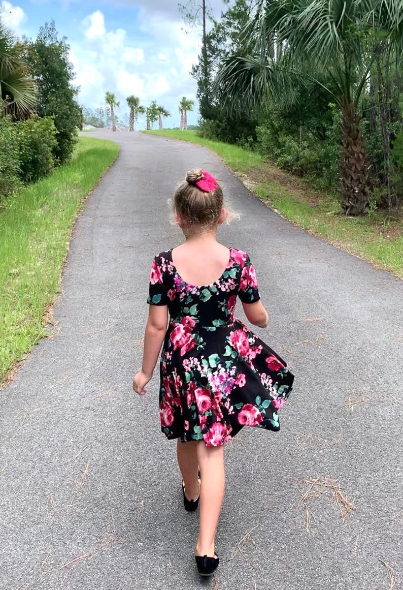 Twirly dress, Fall, Spring, Summer Dress for Girls, Short Sleeves, Low Back, Multiple Prints, Back to School Black floral