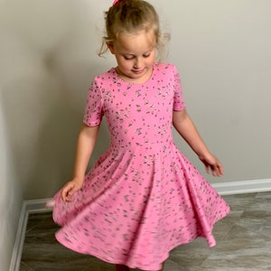 Twirly dress, Fall, Spring, Summer Dress for Girls, Short Sleeves, Low Back, Multiple Prints, Back to School Pink floral