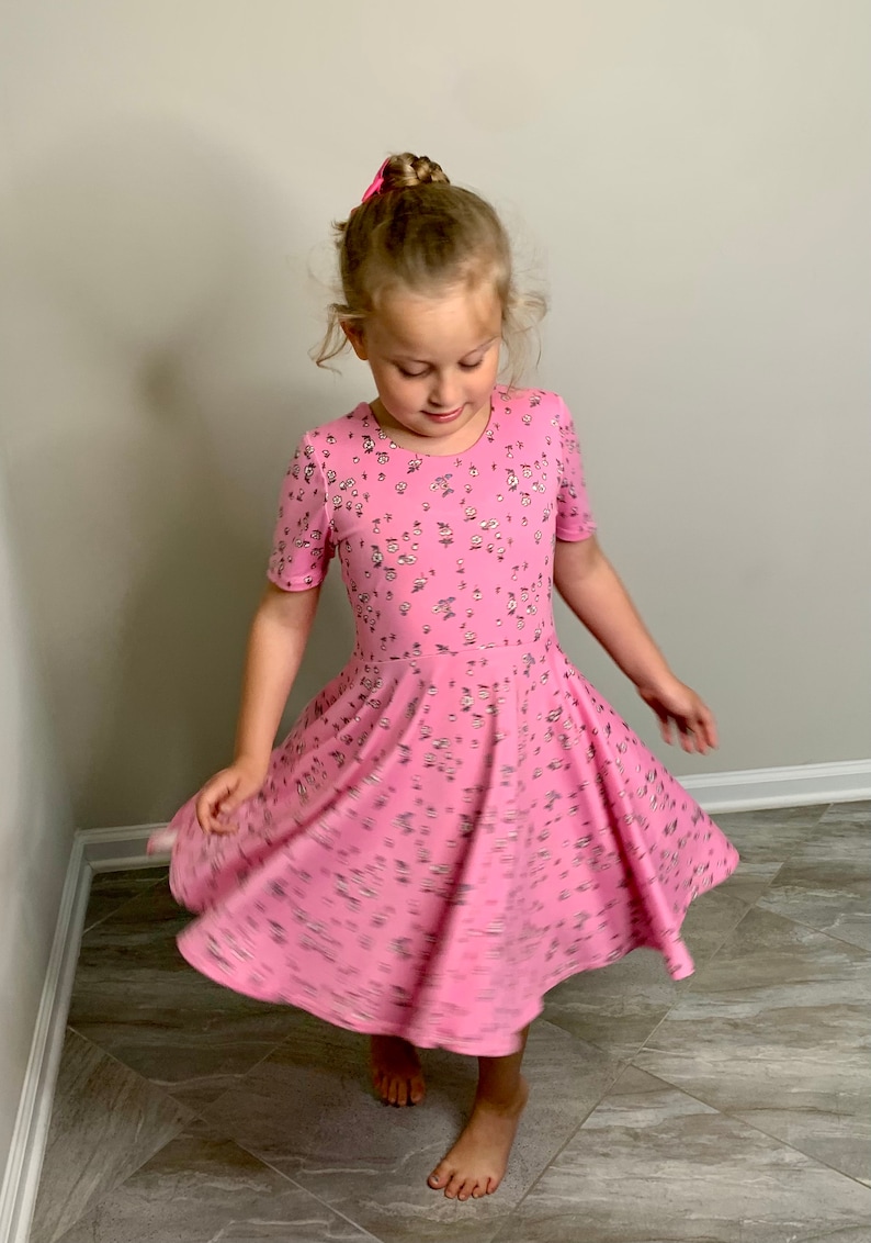 Twirly dress, Fall, Spring, Summer Dress for Girls, Short Sleeves, Low Back, Multiple Prints, Back to School Pink floral