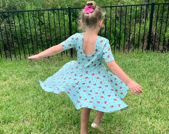 Twirly dress, Fall, Spring, Summer Dress for Girls, Short Sleeves, Low Back, Multiple Prints, Back to School