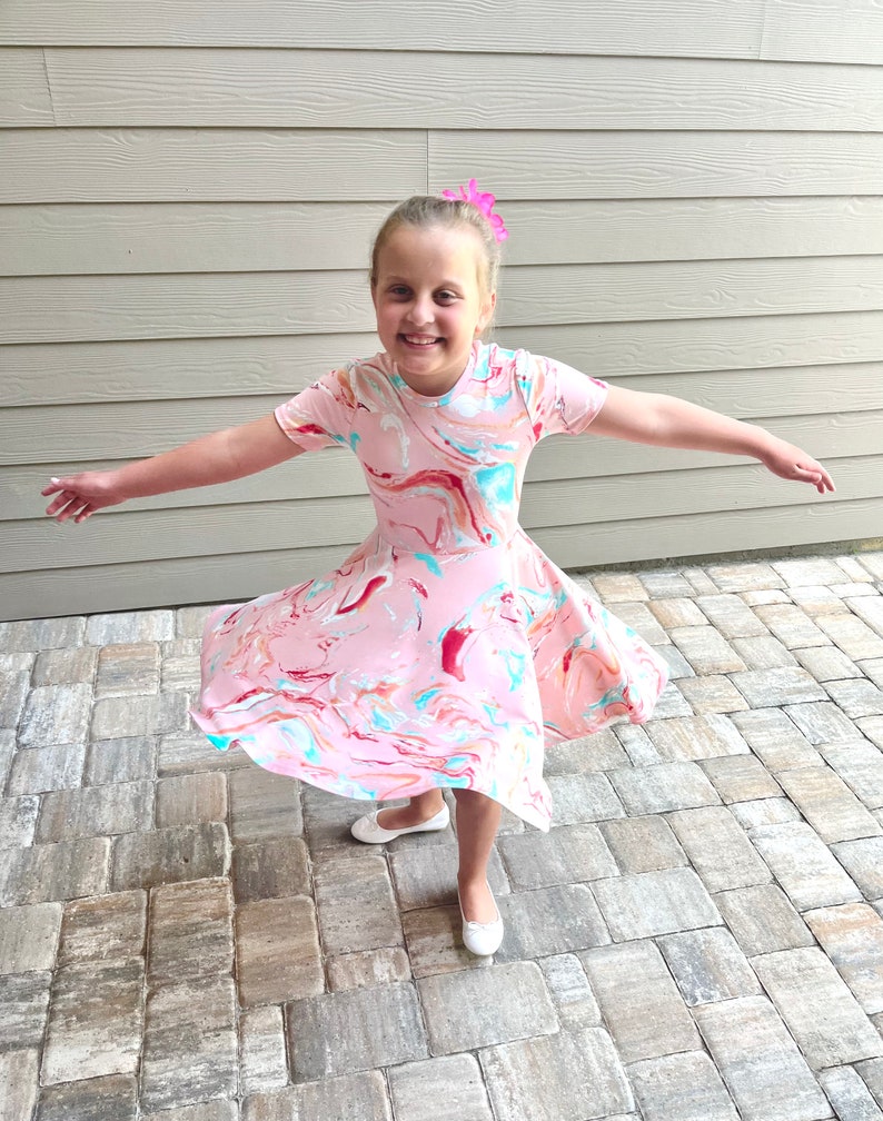 More colors available, Twirl Dress for girls, Very Soft Dress, Spring Dress, Summer Dress, Back to School Dress, Full Circle Dress Marble Pink