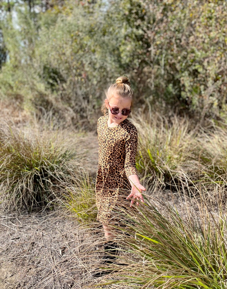 Twirl Dress for Girls in Animal print, Cheetah print, short sleeves, 3/4 sleeves, long sleeves, summer dress, spring dress, full circle image 3