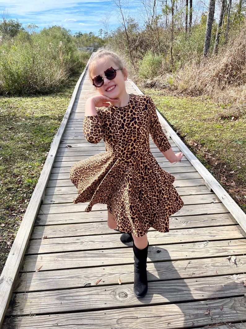 Twirl Dress for Girls in Animal print, Cheetah print, short sleeves, 3/4 sleeves, long sleeves, summer dress, spring dress, full circle image 1