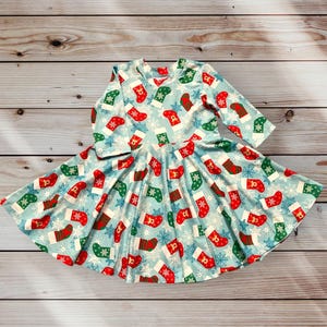 New! Christmas Twirly Dress Girls,  3/4 Sleeves, Very Comfortable Dress, Holiday Dress, Baby Dress, Tween Dress, Christmas Stockings Dress