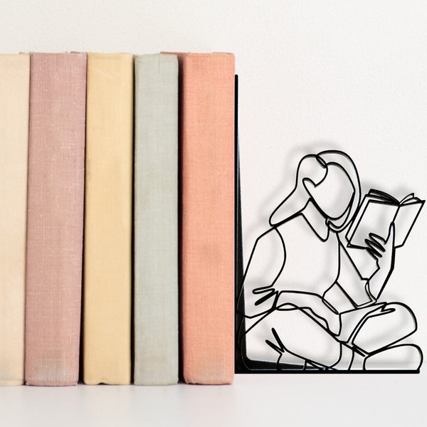 Book Lover Bookend / Minimalist Bookends Art / Diseño de una línea / Regalo amante de los libros / Estante de exhibición de libros / Extremos de libros / Chica única presente