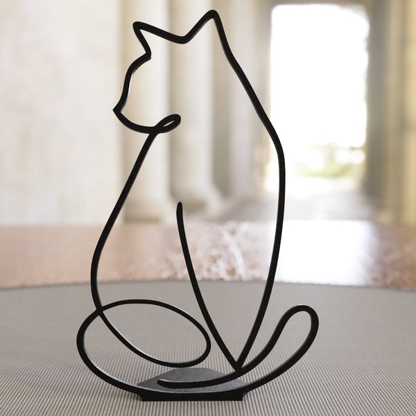 Statue de chat assis - Stand de chat minimaliste - Cadeau de pendaison de crémaillère - Décoration d'intérieur - Art mural en une ligne - Cadeau pour les amoureux des chats | elle | maman | épouse