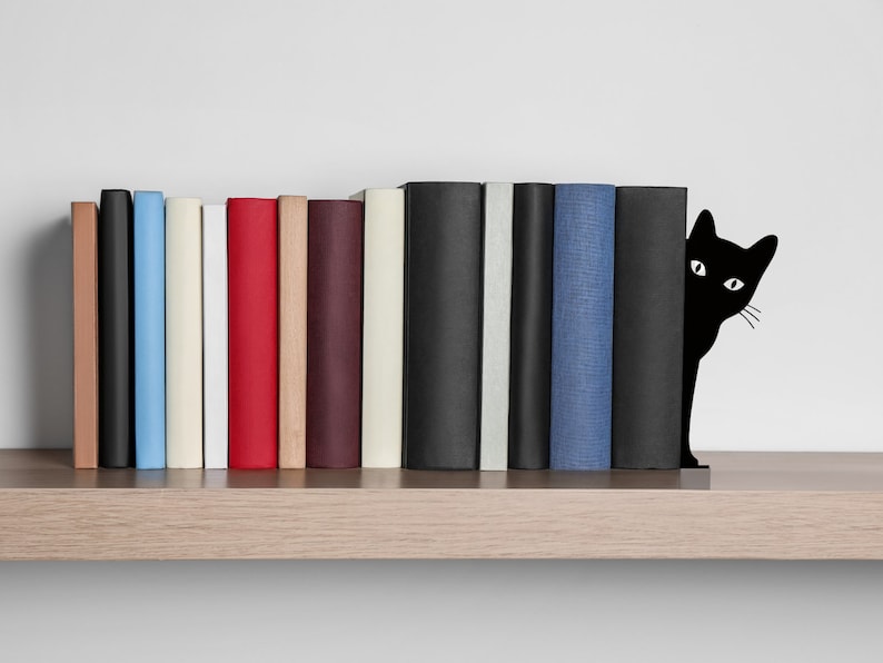 Gluren kat boekensteun Minimalistische boekensteunen uniek Grappig kattenliefhebber cadeau Boekenliefhebber cadeau Boekendisplayplank Boeksteunen Unieke boekensteunen afbeelding 9