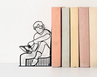 The Pondering Muse | Minimalist Bookends Art | One-Line Design | Book Lover Gift | Book Display Shelf | Book ends | Unique Gift Present