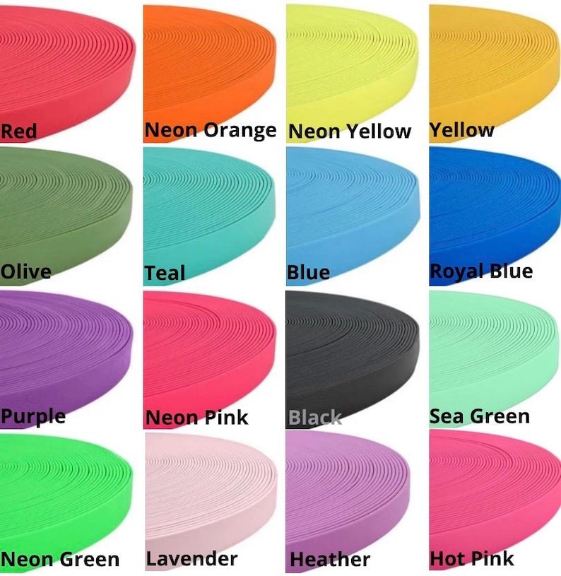 May include: A collection of 14 different colored elastic bands, each rolled up and displayed in a grid pattern. The colors include red, neon orange, neon yellow, yellow, olive, teal, blue, royal blue, purple, neon pink, black, sea green, neon green, lavender, heather, and hot pink.