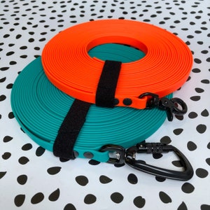 May include: Two dog leashes, one orange and one teal, with black clips and metal clasps. The leashes are coiled and stacked on top of each other.