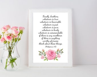 Florale Schrift Aquarell Wandkunst und Notizkarte Philipper 4:8