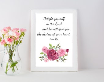 Erfreuen Sie sich an der Lord Psalm 37: 4 Aquarell Blumenwandkunst und Notizkarte Digitaler Download