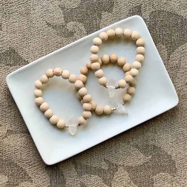 Clear Quartz Diffuser Bracelet, Wellness Bracelet, Wood Bead Diffuser Jewelry, Boho Beaded Bracelet for Her