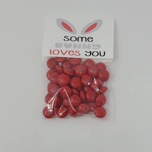 May include: A clear plastic bag filled with red chocolate candies, topped with a white cardstock header featuring a graphic of grey and pink bunny ears and the black and red text that reads some BUNNY loves YOU in a stylized font.