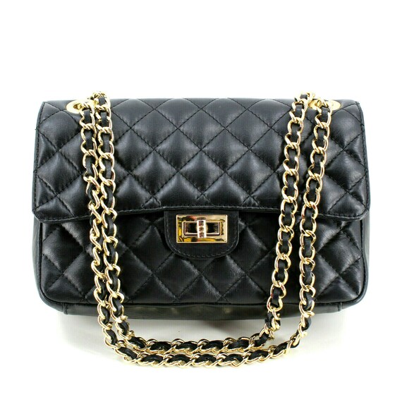 Italian Leather Black Quilted Shoulder Bag [Made i