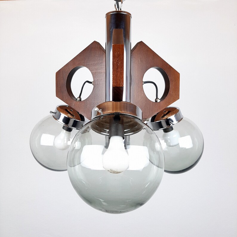 Mid-century pendant lamp Yugoslavia 70s Wood Glass Metal Geometric chandelier Three Bulbs Chandelier smoky glass Space Age image 2
