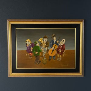 Pintura a óleo de arte naif vintage: Festa rural, arte popular da Iugoslávia