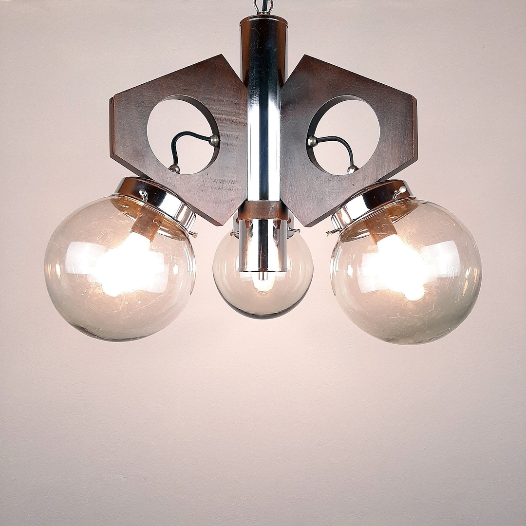 Mid-century Modern Chandelier: 1970s Yugoslavia Wood, Glass, & Metal 3 ...