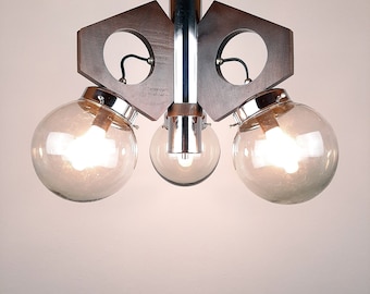 Mid-century pendant lamp Yugoslavia 70s Wood Glass Metal Geometric chandelier Three Bulbs Chandelier smoky glass Space Age