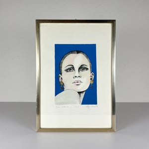 Limited edition lithograph Girl's head, Hand painted 33/100, Italy, 1977, Vintage home decor