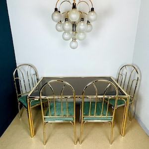 Vintage Brass Faux Bamboo Dining Set: 4 Chairs & Smoked Glass Table, France 1970s