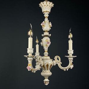 Vintage Capodimonte porcelain chandelier Italy 1940s  3 arm Baroque, Shabby chic design