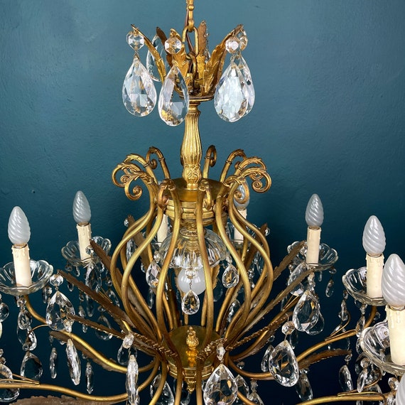 XL Vintage Crystal Chandelier Italy 1950s Hollywood Regency Antique Vintage Chandelier  Brass Lamp -  Canada