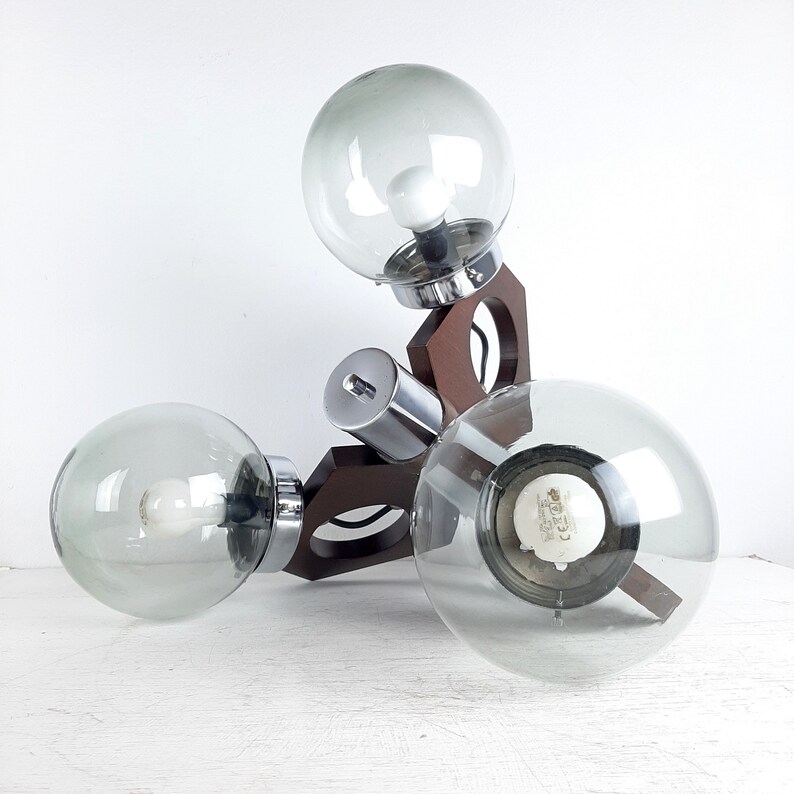 Mid-century pendant lamp Yugoslavia 70s Wood Glass Metal Geometric chandelier Three Bulbs Chandelier smoky glass Space Age image 3