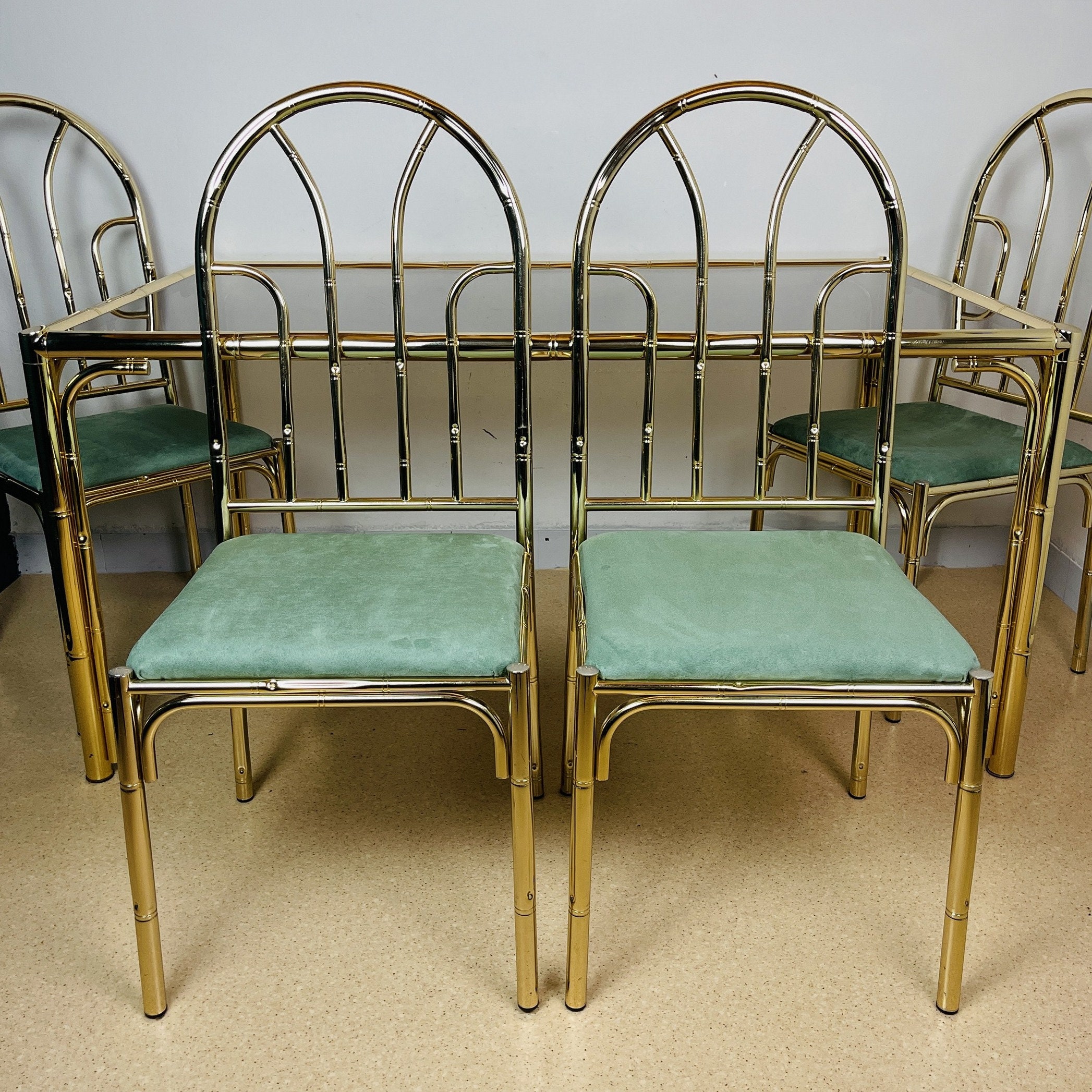 Set of Vintage Brass Faux Bamboo Dining 4 Chairs and Table France